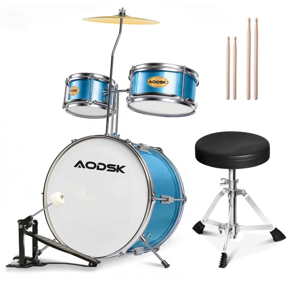 AODSK Drum Set, 3 Piece Beginner Junior Drummer Kit with 13" Bass Drum, Snare, Tom, Cymbal, Adjustable Throne, Mutes, Dual Drumsticks-BLUE