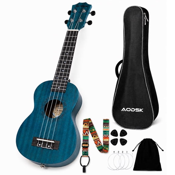 AODSK Soprano Blue Ukulele for Beginner 21 Inch Ukelele with Gig Bag Strap Nylon String 4 Picks Holiday Gift