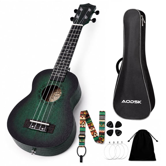 AODSK Soprano Green Ukulele for Beginner 21 Inch Ukelele with Gig Bag Strap Nylon String 4 Picks Holiday Gift
