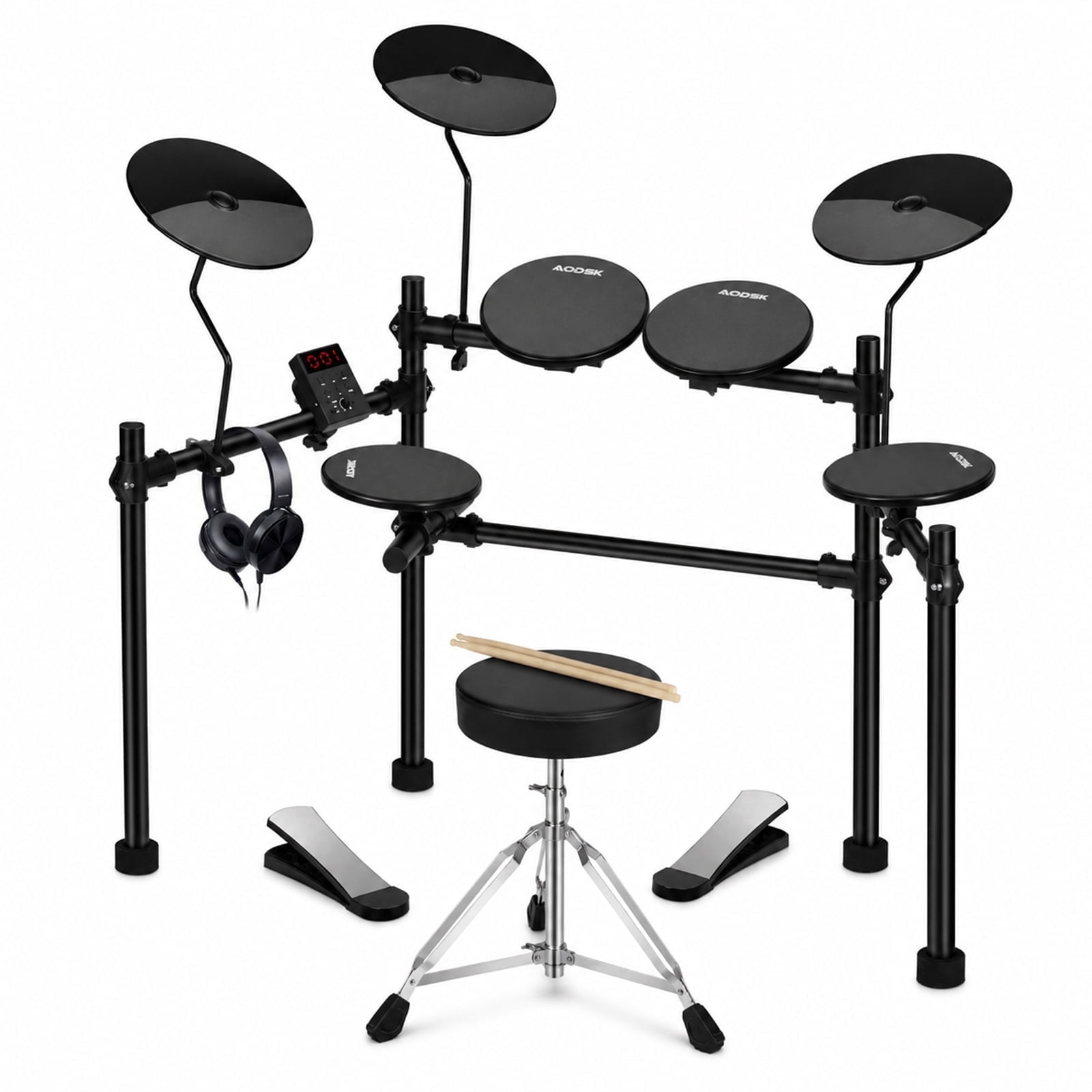 AODSK Electric Drum Set for Beginners with 4 Quiet Pads – 200+ Sounds, 2 Switch Pedals, Foldable Frame, Includes Throne, Sticks & Headphones