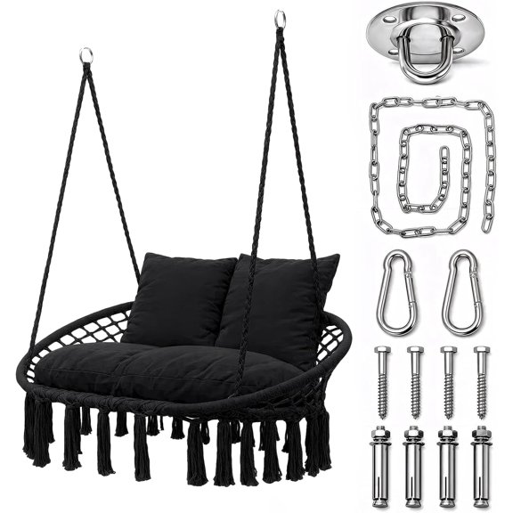 AOEIUY 2-Person Hammock Chair with Mounting Hardware Kit, Black | Supports up to 700 lbs, Cotton Woven Rope, Boho Hanging Rope Swing Chair for Reading, Meditation, or Relaxation