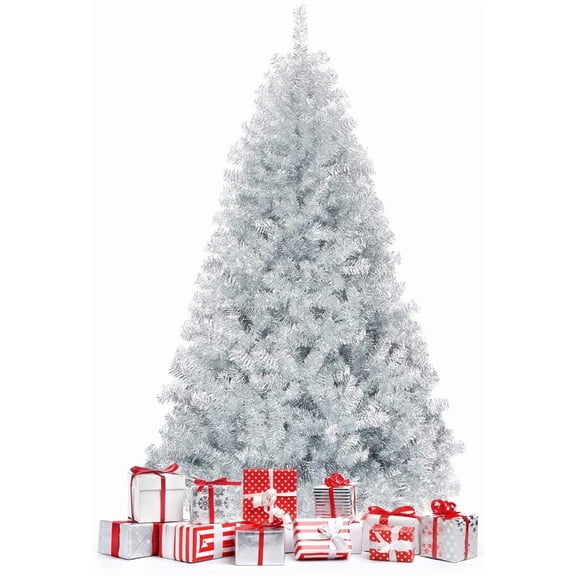 AOEIUY 6FT Silver Christmas Tree Artificial Hinged Tinsel Xmas Tree with Metal Stand, 1036 Branch Tips, Holiday Decoration Tree for Indoor and Outdoor
