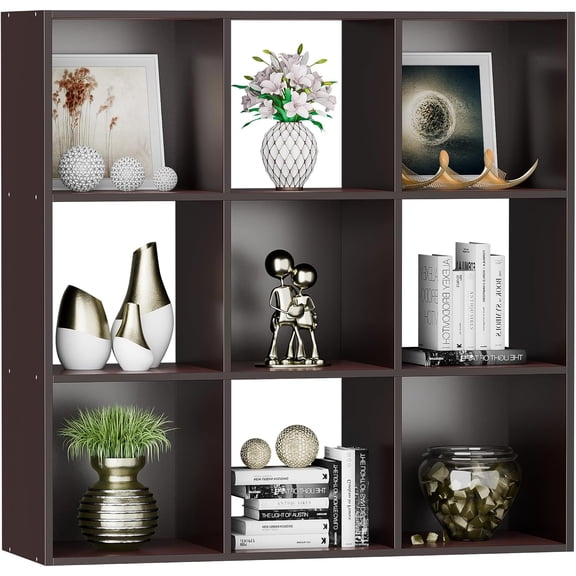 AOEIUY 9 Cube Storage Organizer, 3 Tier Bookshelf Open Shelf Display Rack with 5 Removable Back Panels Wood Bookshelf System for Home, Office, Bedroom, Living Room, Dark Brown