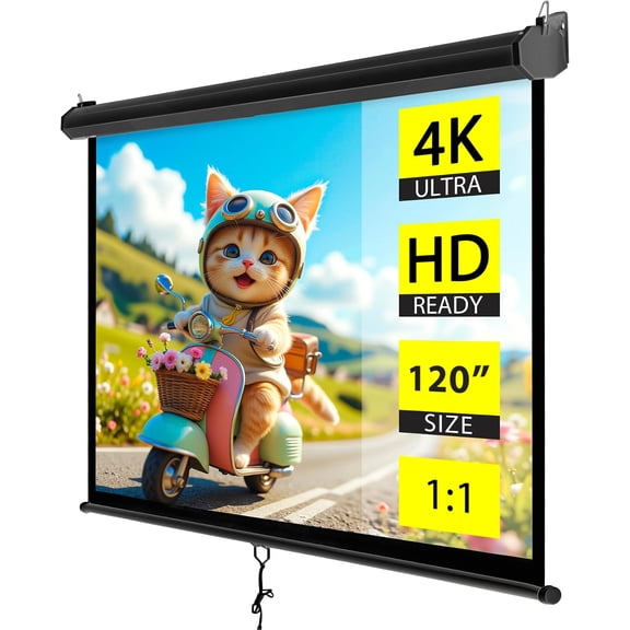 AOEIUY Manual Pull Down Projector Screen, 120 Inch 1:1 Black HD 4K Supported, Retractable Ceiling & Wall Mount Screen, Indoor & Outdoor Home Theater Movie Projection Screen