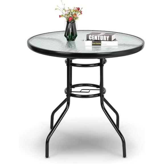 AOEIUY Round Patio Table with Umbrella Hole, 32" Outdoor Dining Table Steel Tempered Glass Patio Tables Round Outdoor Tables for Balcony Garden Deck