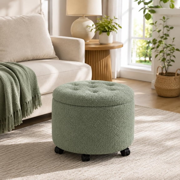 AOEIUY Round Storage Ottoman with Wheels 20.2" Footrest Stool for Dorm | Teddy Velvet Ottomans with Storage Tufted Upholstered Vanity Stool with Hidden Storage for Living Room Bedroom Dorm, Green