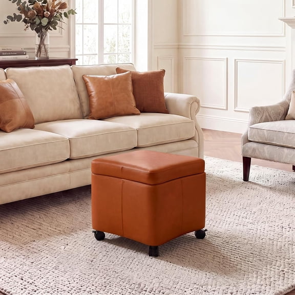 AOEIUY Square Storage Ottoman, 17.3" Faux Leather Footrest with Wheels | Small ottoman foot stool with hidden storage, removable padded lid and 360° swivel wheels for living room or bedroom, Orange