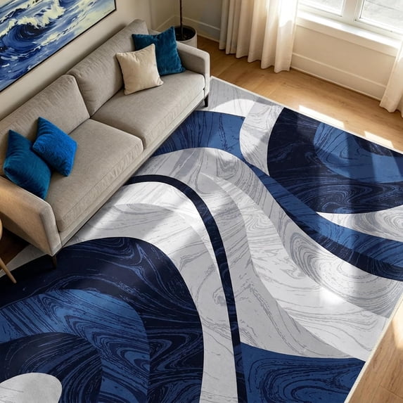 AOESELN Abstract Swirl Area Rug, 6x8 Navy Blue White Marble Wave Indoor ...