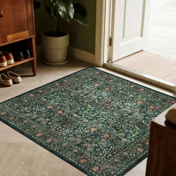 AOESELN Dark Green Vintage Floral Area Rug, 3x4 Botanical Flower Traditional Oriental Floor Carpet, NonSlip LowPile Indoor Decor Rug, Boho Antique Accent Rug for Entryway Living