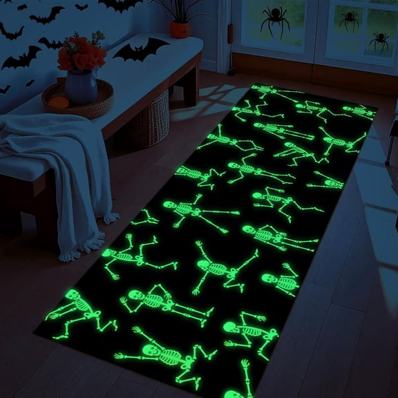 AOESELN Glow in The Dark Skeleton Runner Rug, 2x6 Halloween Luminous Dancing Skeleton Long Hallway Carpet, Black Background Spooky Skull Bones Print Rectangular Runner Rug
