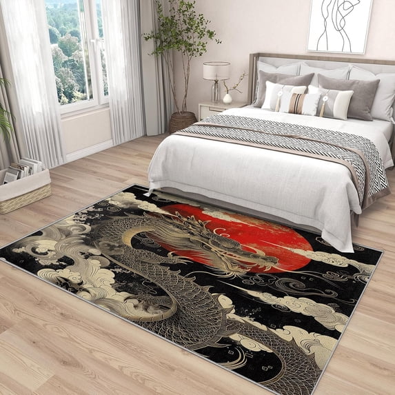 Japanese Looking Rug AOESELN Japanese Dragon Red Sun Area Rug, 5x6 Traditional Asian Cloud ...