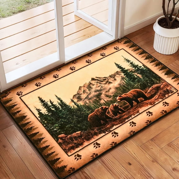 AOESELN Rustic Bear Mountain Landscape Area Rug, 5x7 Cabin Wildlife Forest Paw Print Border Floor Mat, NonSlip LowPile Faux Wool Indoor Decor Rug