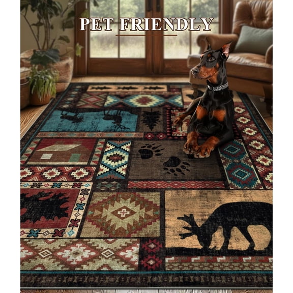 AOESELN Rustic Cabin Wildlife Patchwork Area Rug, 5x6 Bear Moose Deer Pinecone Southwest Geometric Floor Carpet, Machine Washable Non‑Slip Low‑Pile Indoor Decor Rug