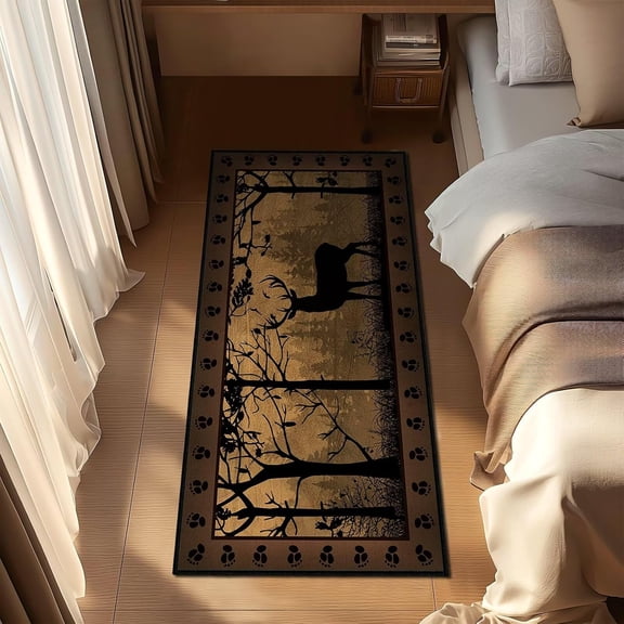 AOESELN Rustic Deer Silhouette Area Rug, Forest Wildlife Buck Tree Paw Print Border Floor Mat, Non‑Slip Low‑Pile Indoor Decor Rug, Lodge Cabin Western Accent Rug for Kitchen Hallway