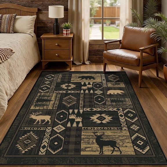 AOESELN Rustic Wildlife Cabin Area Rug, 5x6 Western Native Geometric Bear Deer Elk Patchwork , NonSlip LowPile Indoor Rug, Country Lodge Hunting Home Decor Rug for Living Room Bedroom Cabin
