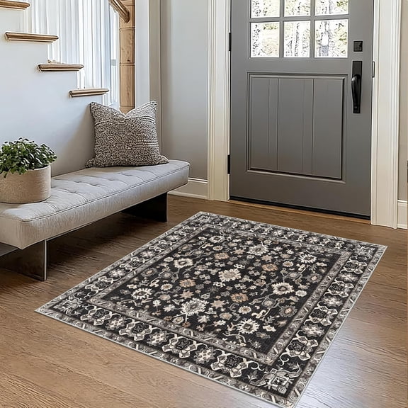 AOESELN Vintage Oriental Floral Area Rug, 3x4 Dark Black MultiColored Traditional Bordered Floor Carpet, Indoor Entryway Decor Rug, StainResistant EasytoClean Home Decorative Rug