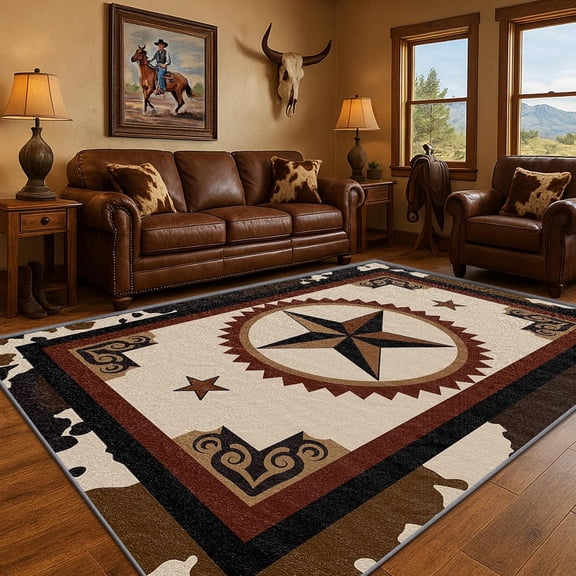 AOESELN Western Texas Star Cow Print Area Rug, 6x8 Vintage Cowboy Rustic Southwestern Floor Carpet, Non-Slip Low-Pile Indoor Rug, Country Farmhouse Lone Star Accent Rug