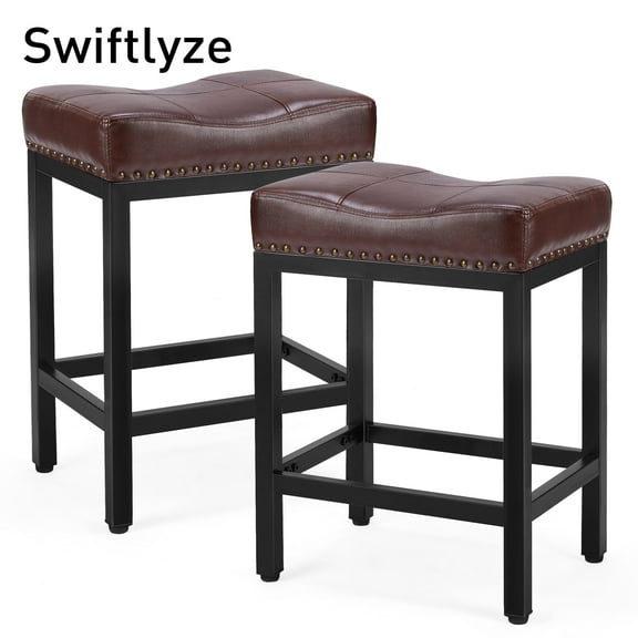 SWIFTLYZE Set of 2 Bar Stools, 24-Inch – Metal Base with Brown PU Leather, Stylish and Modern Design