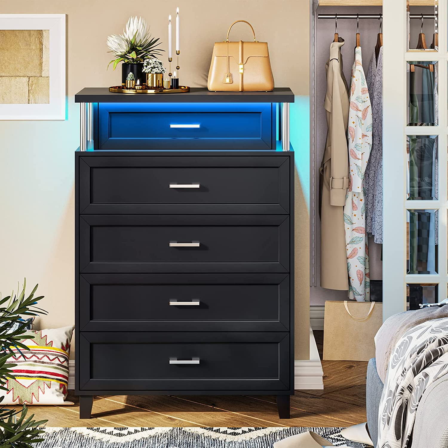 AOGLLATI 5 Drawer Dresser for Bedroom, Black Dresser with Led Light