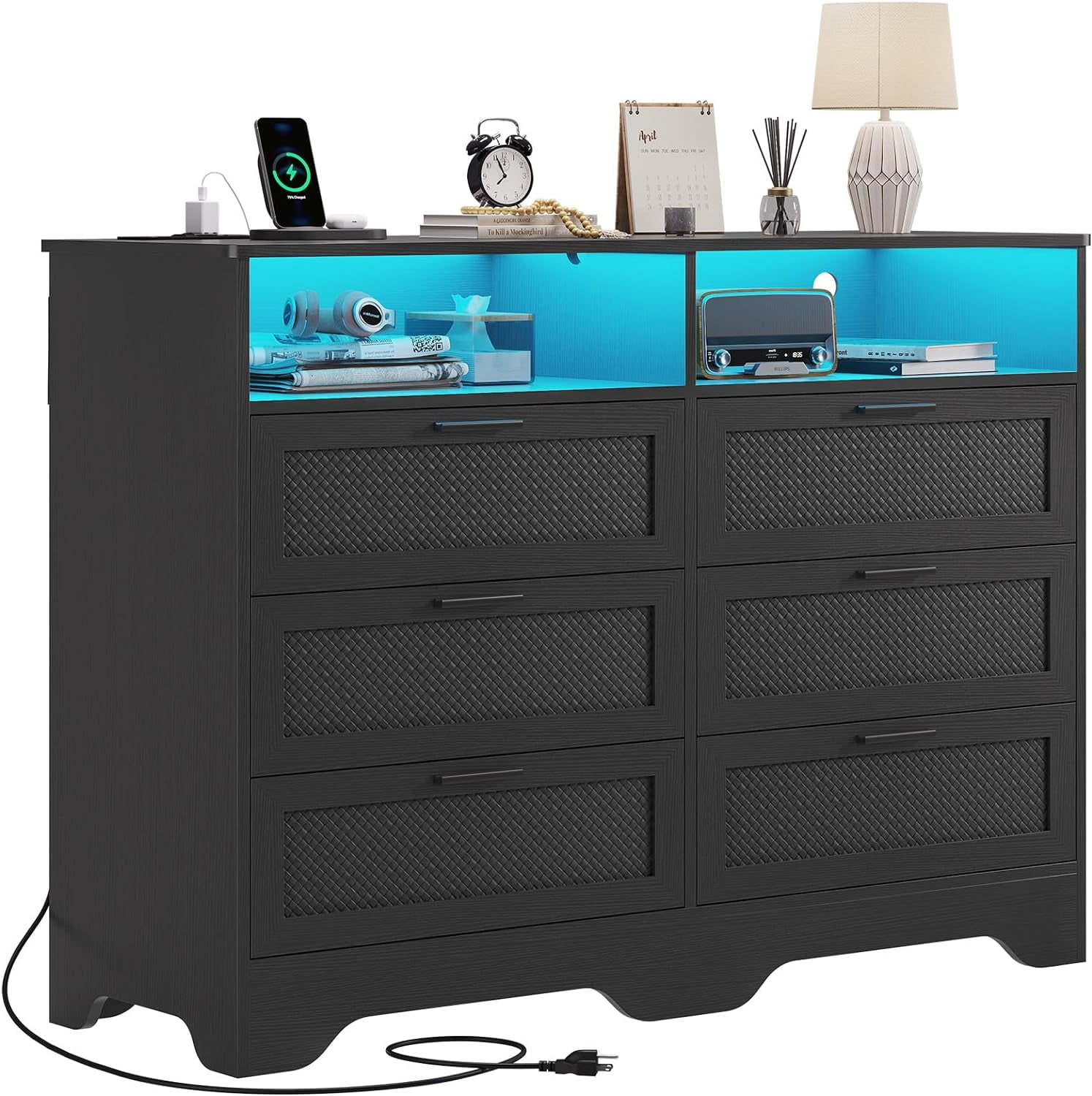 AOGLLATI 6 Drawer Dresser with Charging Station, Chests of Drawers with