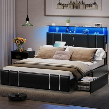 AOGLLATI Bed Frame Queen Size with Bookcase Headboard and 4 Storage Drawers, Leather Upholstered Queen Bed Frame with Charging Station and LED Lights,No Box Spring Needed, Black