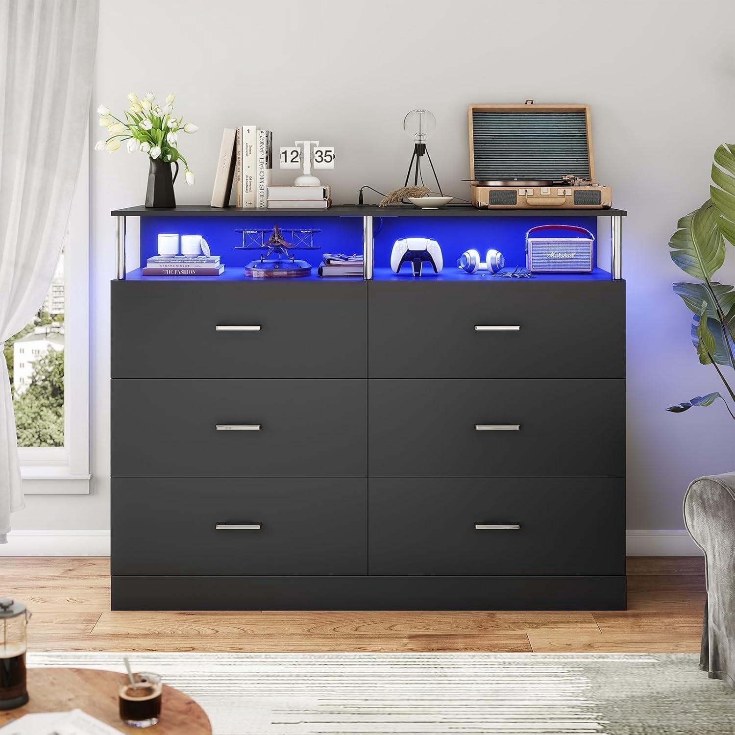 AOGLLATI Black Dresser for Bedroom Living Room 6 Drawers Chest of Drawers with LED Lights Charging Station