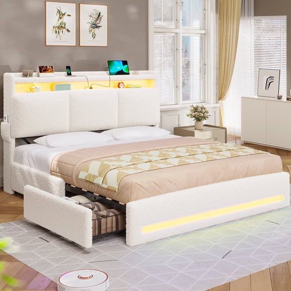 AOGLLATI Boucle Bed Frame Full Size with Storage Headboard, Charging Station and LED Lights, Upholstered Full Cloud Bed Frame with 4 Drawers, Soft Marshmallow Bed Frame, No Box Spring Needed, Cream