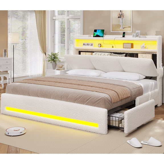 AOGLLATI Boucle Bed Frame King Size with Storage Headboard, Charging Station and LED Lights, Upholstered King Cloud Bed Frame with 4 Drawers, Soft Marshmallow Bed Frame, No Box Spring Needed, Cream