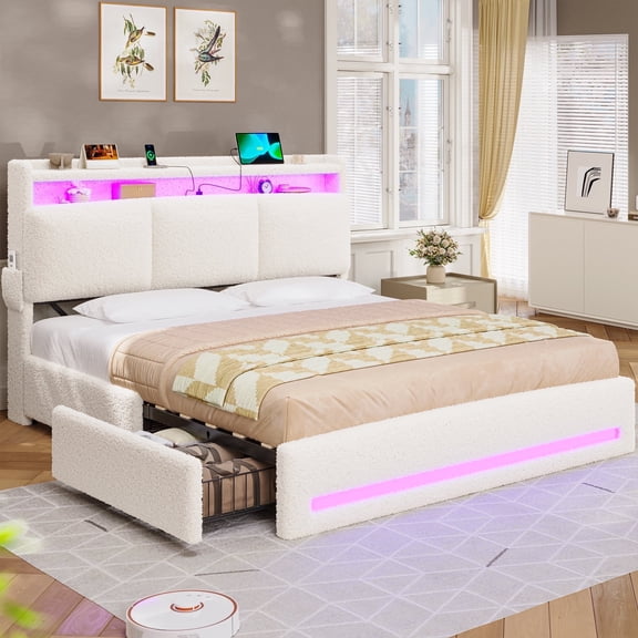 AOGLLATI Boucle Bed Frame Queen Size with Storage Headboard, Charging Station and LED Lights, Upholstered Queen Cloud Bed Frame with 4 Drawers, Soft Marshmallow Bed Frame, No Box Spring Needed, Cream