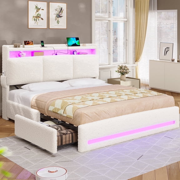 AOGLLATI Boucle Bed Frame Queen Size with Storage Headboard, Charging Station and LED Lights, Upholstered Queen Cloud Bed Frame with 4 Drawers, Soft Marshmallow Bed Frame, No Box Spring Needed, Cream