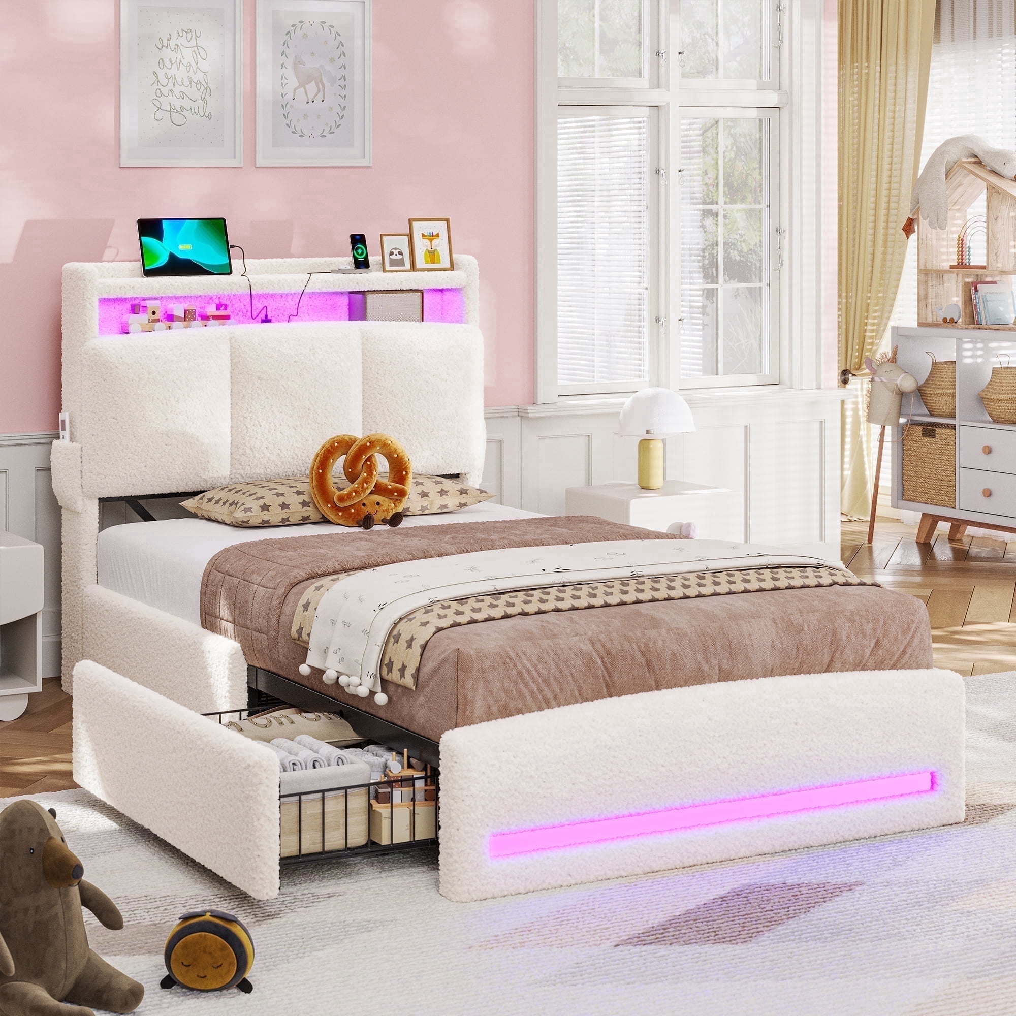 AOGLLATI Boucle Bed Frame Twin Size with Storage Headboard, Charging Station and LED Lights, Upholstered Twin Cloud Bed Frames with 4 Drawers, Soft Marshmallow Bed Frame, No Box Spring Needed, Cream