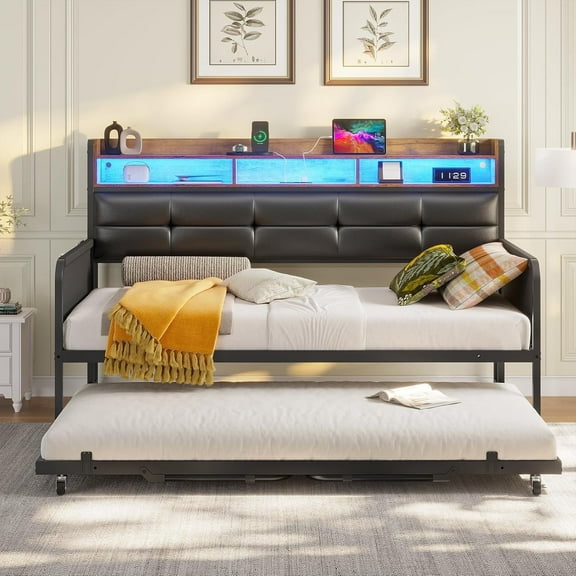 AOGLLATI Daybed with Trundle, Twin Day Bed with Upholstered Headboard and Charging Station, Metal Day Bed Frame Twin with Storage and LED Lights, Twin to King Daybed for Living Room, Bedroom