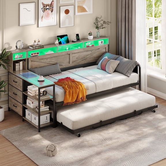 AOGLLATI Daybed Twin with Pop Up Trundle, Farmhouse Wooden Day Bed Frame Twin with 3 Storage Drawers and Shelves, Twin to King Daybed with Charging Station and LED Lights for Bedroom, Guest Room