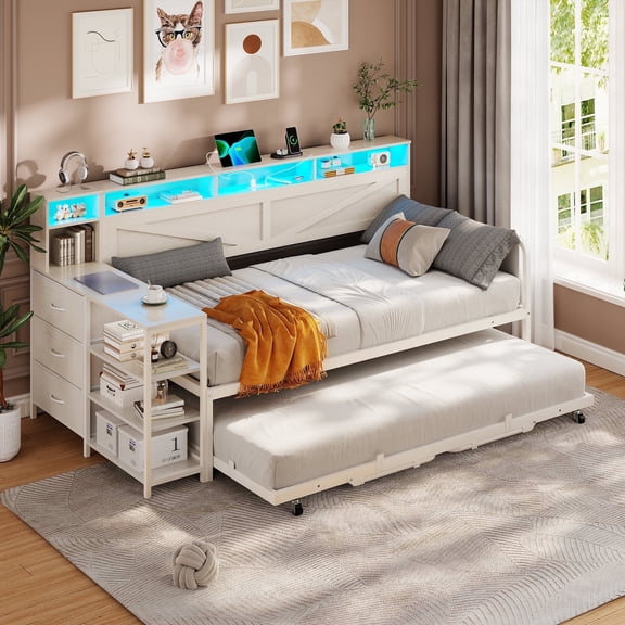 AOGLLATI Daybed Twin Size Corner Bed Frame with Charging Station & 3 Storage Drawers, Twin Metal Corner Platform Bed Frame with Storage Shelves for Living Room Bedroom