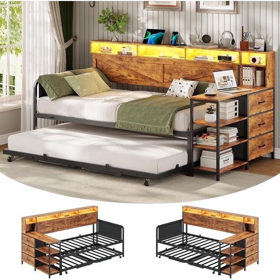 CalmOasis Charging Station 3 Storage Drawers Metal Daybeds