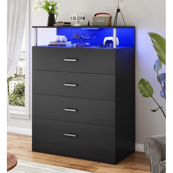 AOGLLATI Dresser for Bedroom with Column Design, 4 Drawer Dresser with Charging Station, Modern Bedroom Led Tall Black Dresser for Bedroom Closet