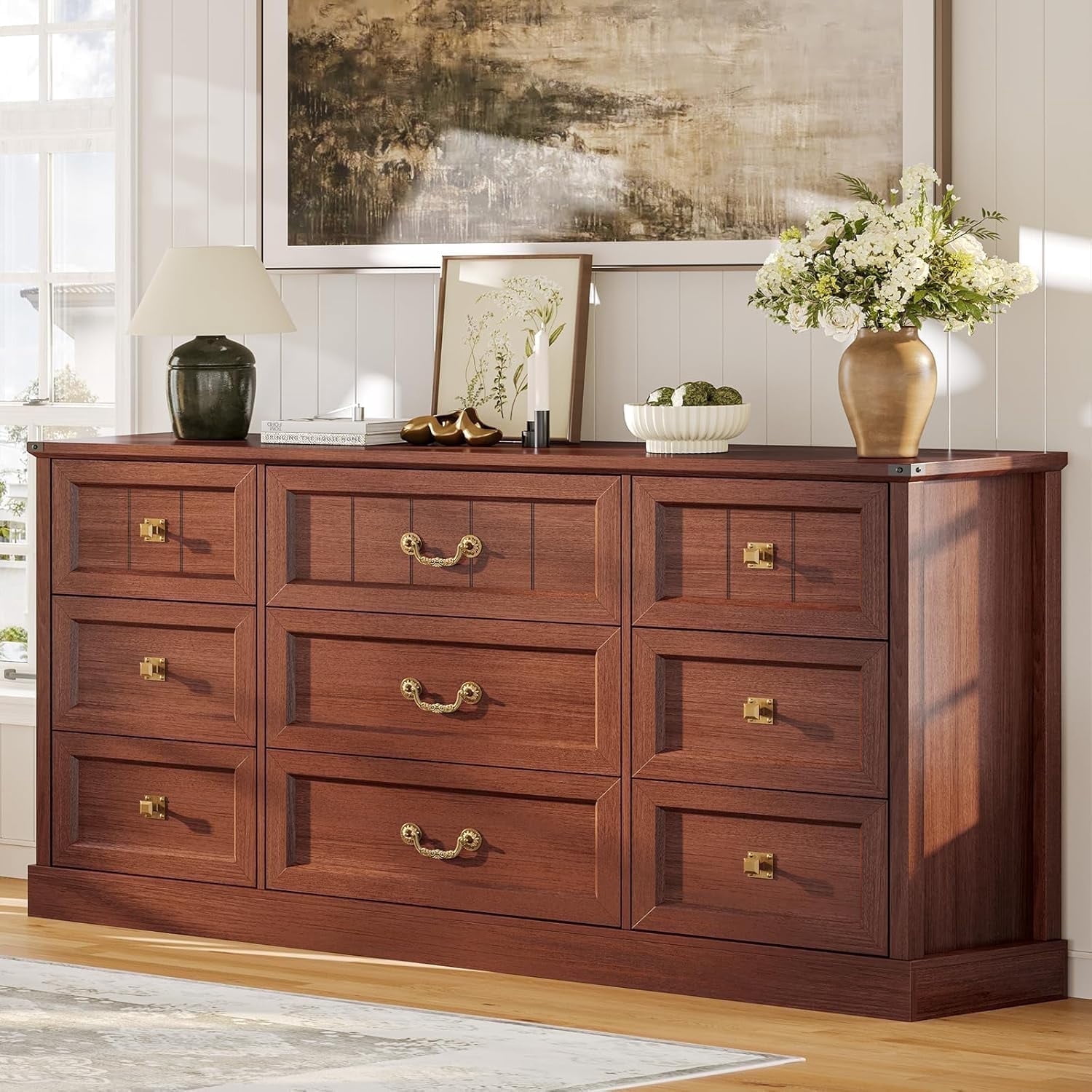 AOGLLATI Farmhouse 9 Drawers Dresser for Bedroom, 63" Wide Wood Rustic Chest of Drawers with Natural Texture, Vintage Design, Long Wide Storage Dresser for Bedroom, Oak Brown - Walmart.com AOGLLATI Farmhouse 9 Drawers Dresser for Bedroom, 63" Wide Wood Rustic Chest of Drawers with Natural Texture, Vintage Design, Long Wide Storage Dresser for Bedroom, Oak Brown - Walmart.com