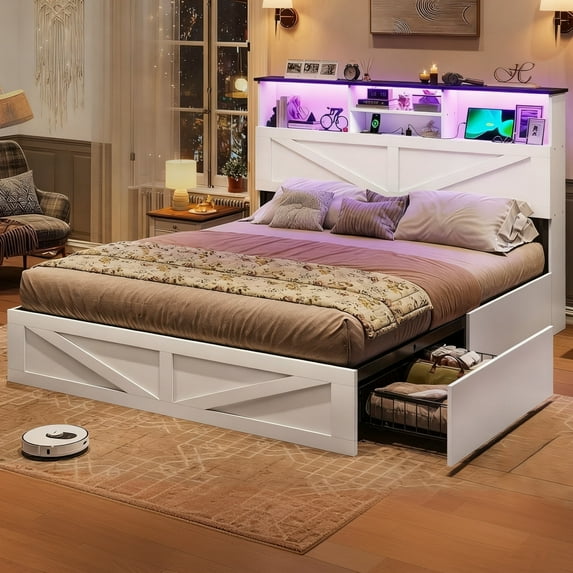 Farmhouse Bed Frame Full Size with Bookcase Headboard & Storage Drawers LED Wooden Platform Bed, White