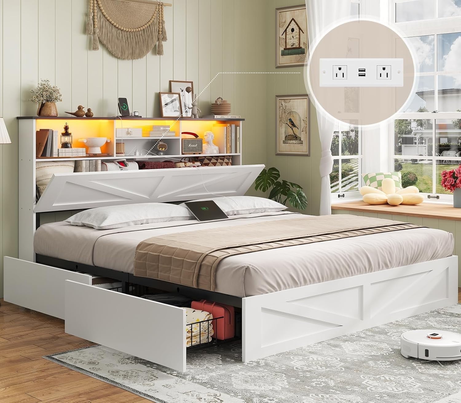 AOGLLATI Farmhouse Bed Frame Full Size with 4 Storage Drawers and ...