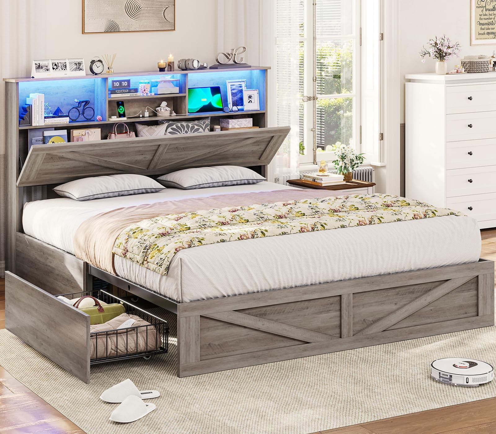 Queen Rustic Bed Frames With Storage Headboard Bookcase, Farmhouse Wooden Platform Panel Bed with 4 Drawers & Charging Station, No Boxing Need, Vintage Gray