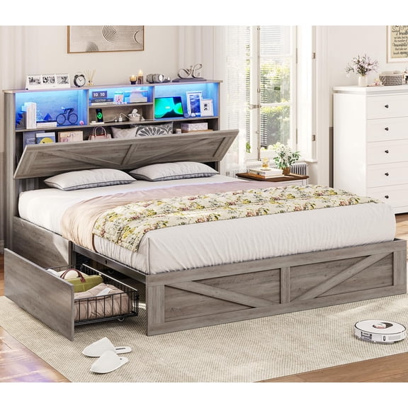 Queen Rustic Bed Frames With Storage Headboard Bookcase, Farmhouse Wooden Platform Panel Bed with 4 Drawers & Charging Station, No Boxing Need, Vintage Gray