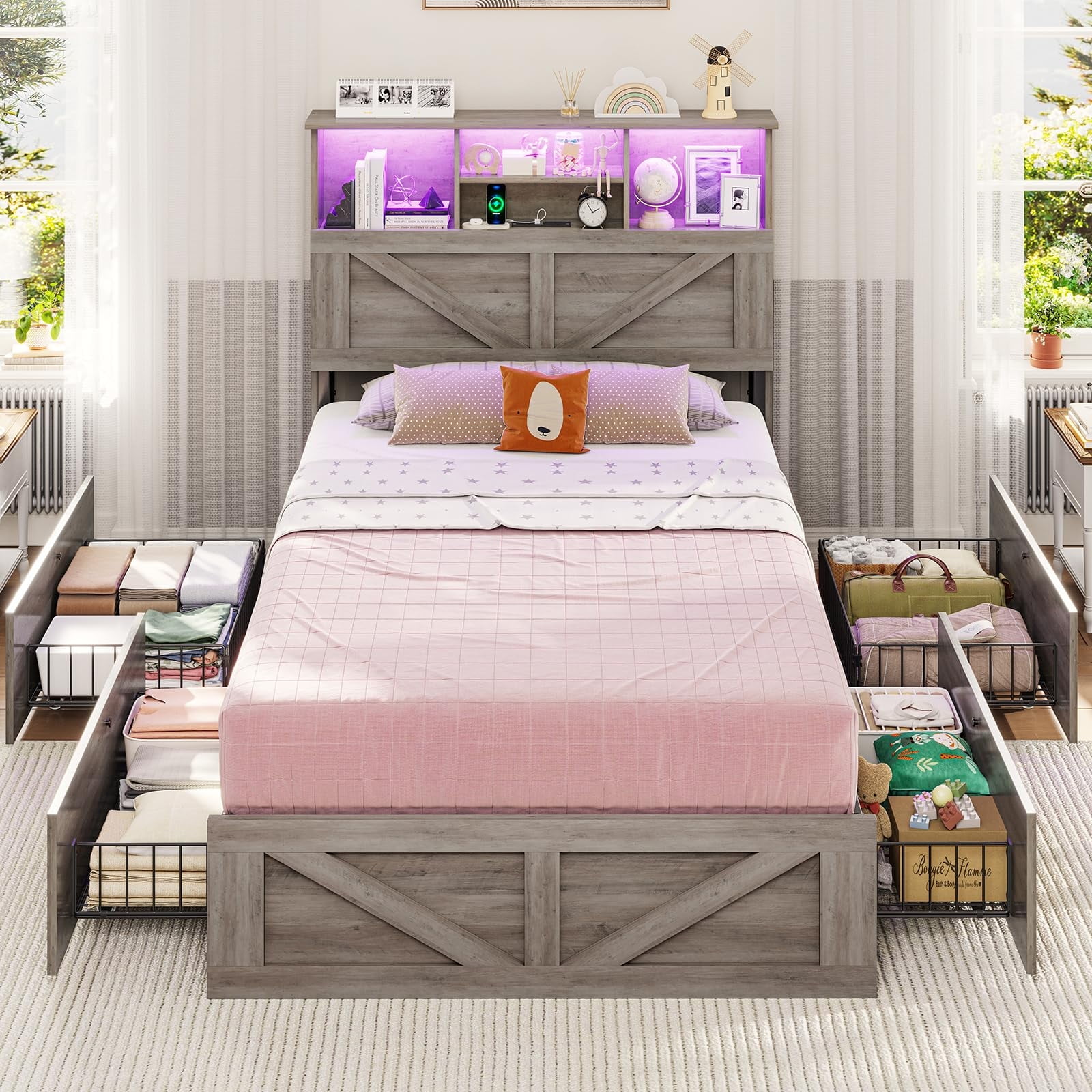 Twin Size Bed Frame, Farmhouse Wooden Platform Twin Bed with Storage Headboard Bookcase and 11'' Under-bed Storage Drawers Gray