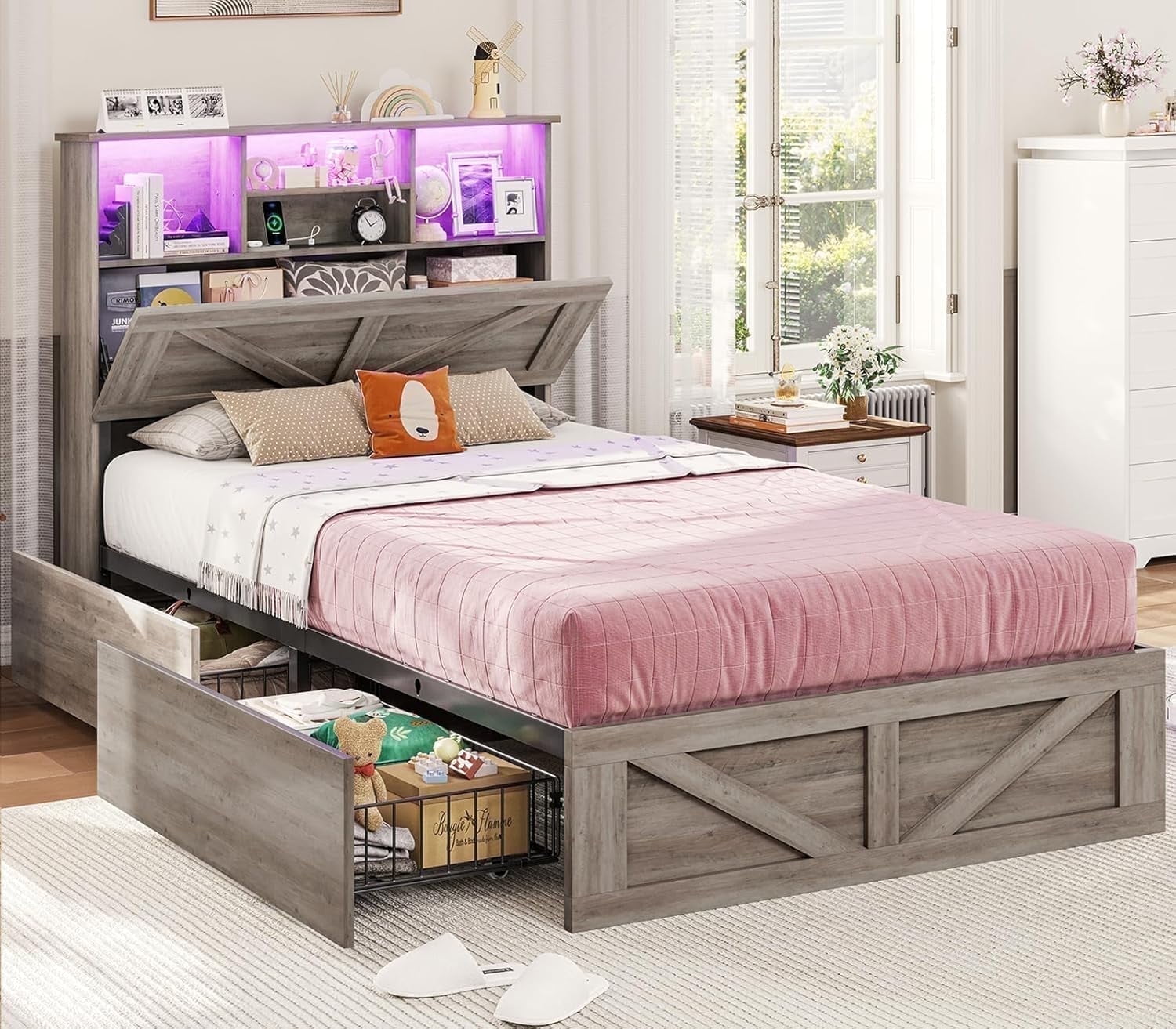 Twin Size Bed Frame, Farmhouse Wooden Platform Twin Bed with Storage Headboard Bookcase and 11'' Under-bed Storage Drawers Gray