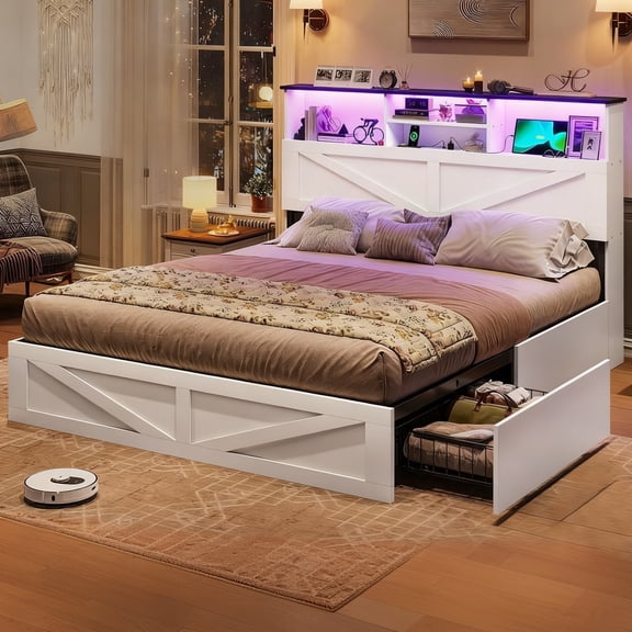 Queen Size Farmhouse Bed Frame with Bookcase & Storage Drawers LED Wooden Platform Storage Bed, No Box Spring Needed, White