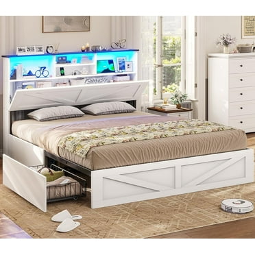 Farmhouse Bed Frame Queen Size with Bookcase & Storage Drawers LED Wooden Platform Bed, No Box Spring Needed, White