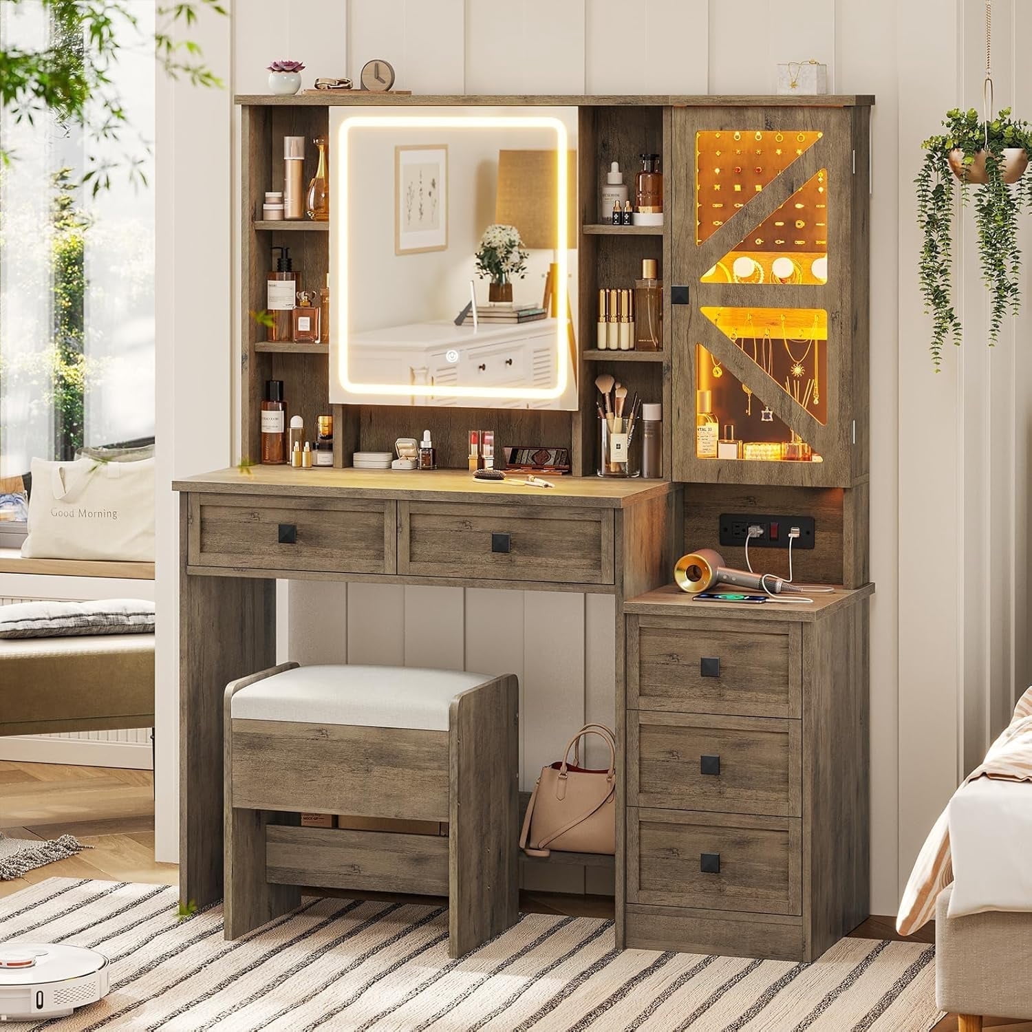 Farmhouse Vanity Desk with Mirror and Lights, Makeup Vanity Set with Lights & Jewelry Cabinet & 5 Drawers, Vanity Table with Charging Station, Hidden Storage Space for Bedroom, Brown