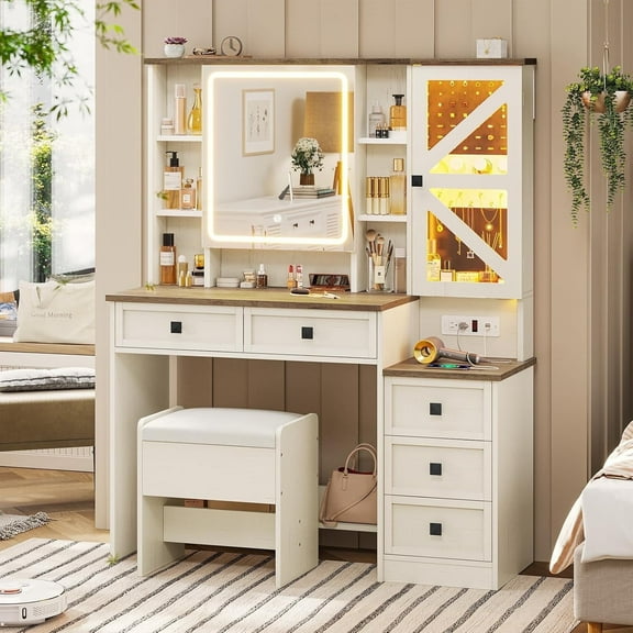 Farmhouse Vanity Desk with Mirror and Lights, Makeup Vanity Set with Lights & Jewelry Cabinet & 5 Drawers, Vanity Table with Charging Station, Hidden Storage Space for Bedroom, Antique White