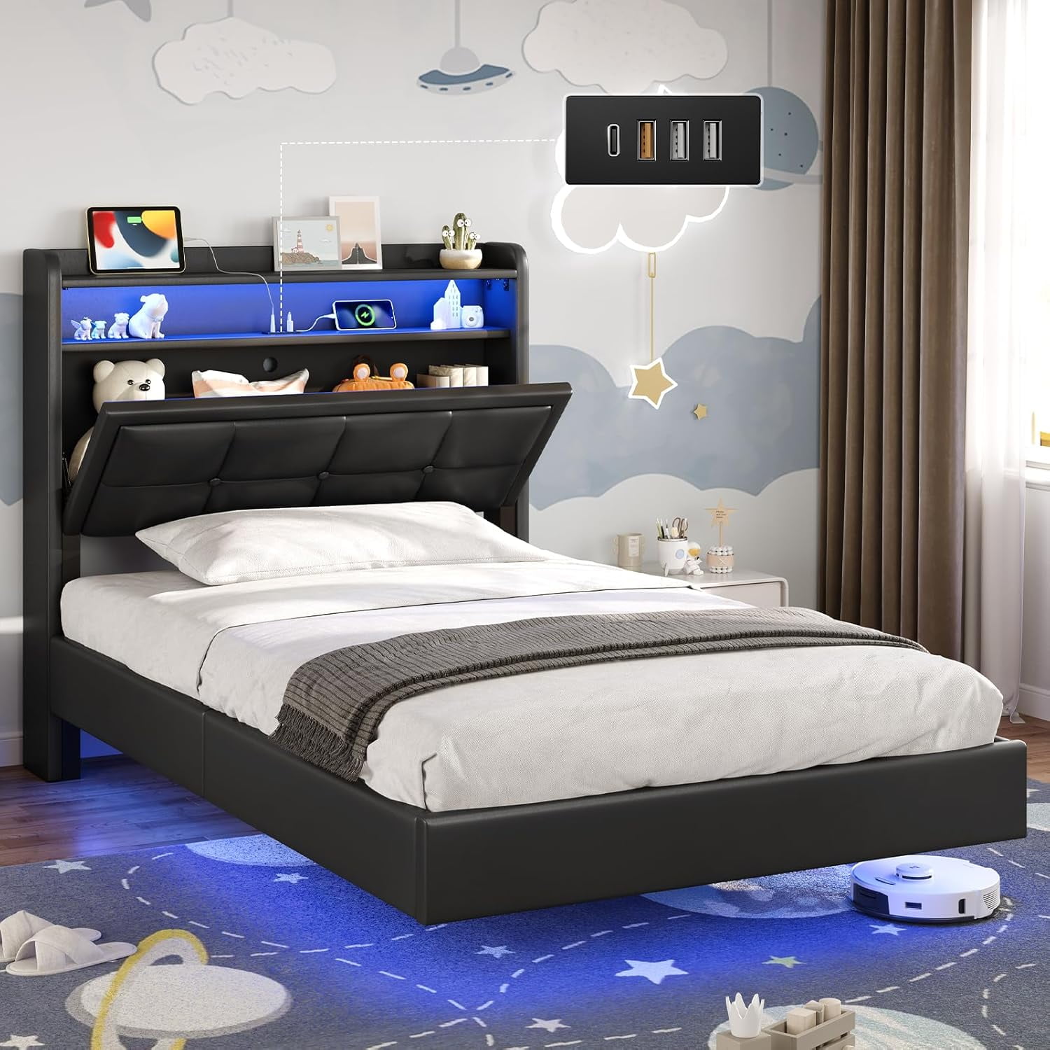 AOGLLATI Floating Bed Frame Twin Size with Storage Headboard ...