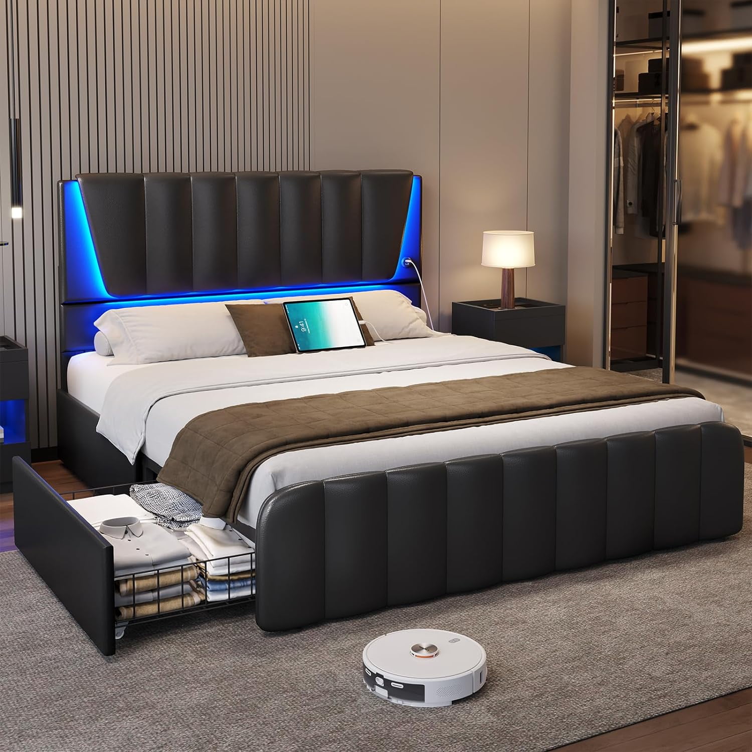 AOGLLATI Full Size Bed Frame with Headboard, 4 Storage Drawers, LED ...