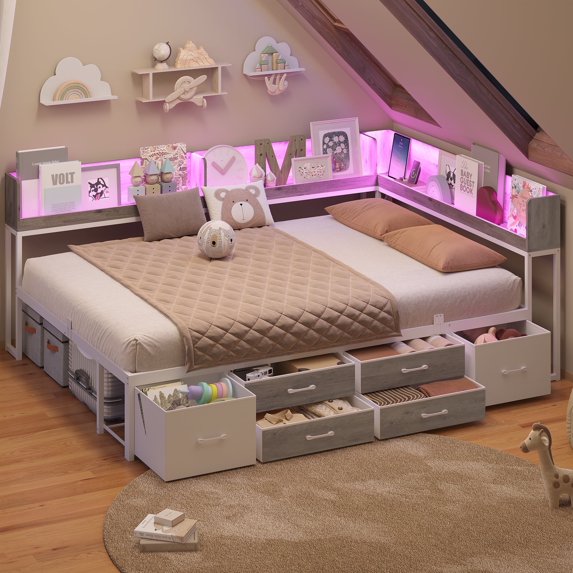 AOGLLATI Full Size Daybed Frame with 6 Drawers & Bookcase Storage - 14 Inch Metal Platform Daybed with Charging Station & LED Lights, White & Oak Grey